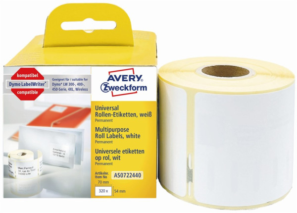 AVERY Zweckform Etikettenrolle AS0722440 mit 320 Einzeletiketten 54 x 70 mm weiß