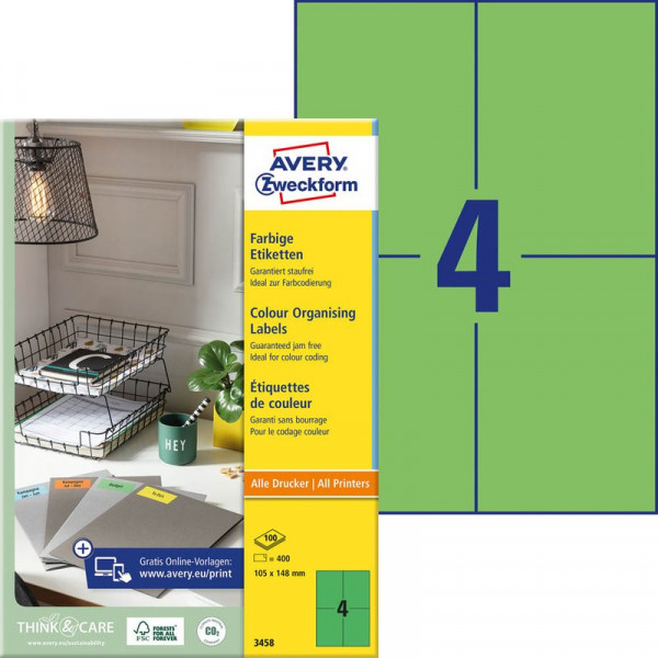 400 AVERY® Zweckform Universal-Etiketten 3458 grün 105 x 148 mm