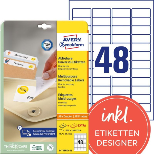 1440 AVERY® Zweckform Universal-Etiketten L4736REV-25 weiß 45,7 x 21,2 mm ablösbar