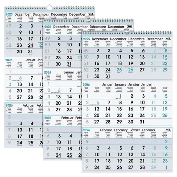 3x 3-Monats-Wandkalender 2025 blau/schwarz