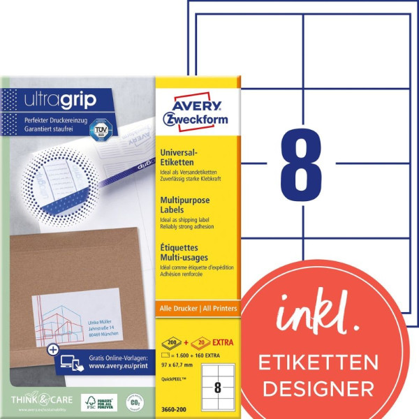 1760 AVERY® Zweckform Universal-Etiketten 3660-200 weiß 97 x 67,7 mm