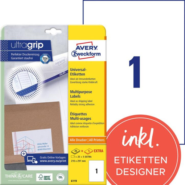 30 AVERY® Zweckform Universal-Etiketten 6119 weiß 210 x 297 mm