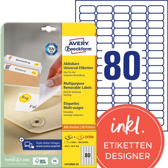 2400 AVERY® Zweckform Universal-Etiketten L4732REV-25 weiß 35,6 x 16,9 mm