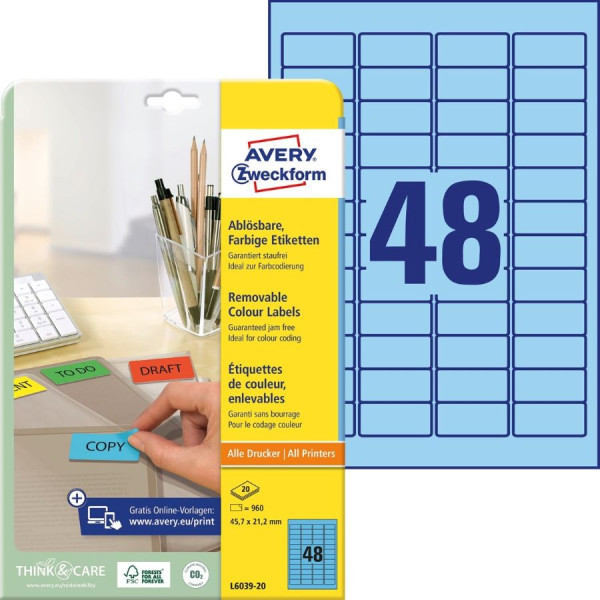 960 AVERY® Zweckform Universal-Etiketten L6039-20 blau 45,7 x 21,2 mm ablösbar