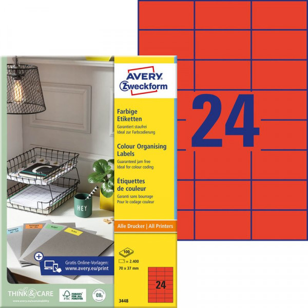 2400 AVERY® Zweckform Universal-Etiketten 3448 rot 70 x 37 mm