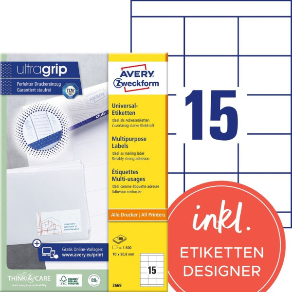 1500 AVERY® Zweckform Universal-Etiketten 3669 weiß 70 x 50,8 mm