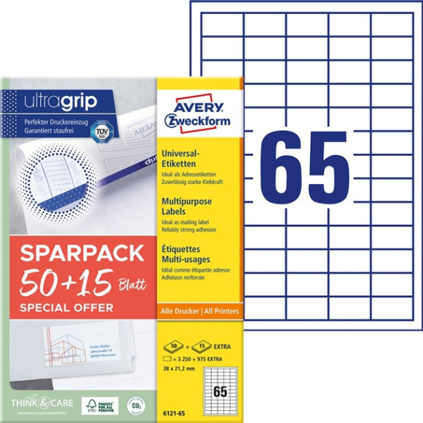 4225 AVERY® Zweckform Universal-Etiketten 6121-65 weiß 38 x 21,2 mm