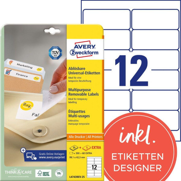 360 AVERY® Zweckform Universal-Etiketten L4743REV-25 weiß 99,1 x 42,3 mm ablösbar