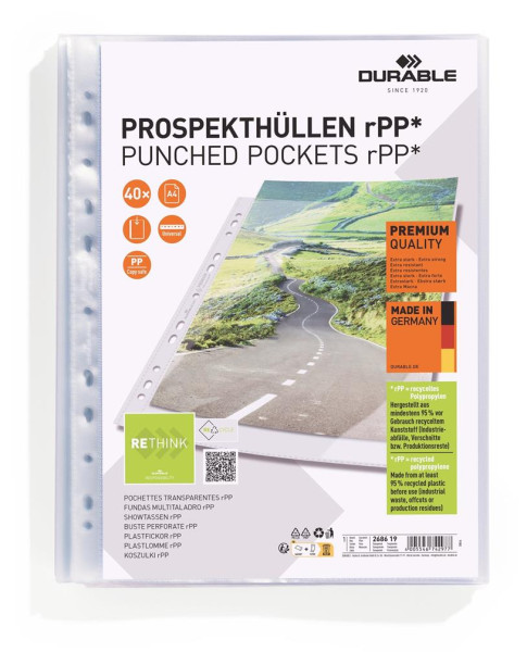 40 DURABLE PREMIUM Prospekthüllen 2686-19 DIN A4 transparent genarbt 0,08 mm