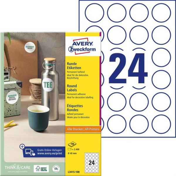 240 AVERY® Zweckform runde Etiketten L3415-10 weiß Ø 40 mm