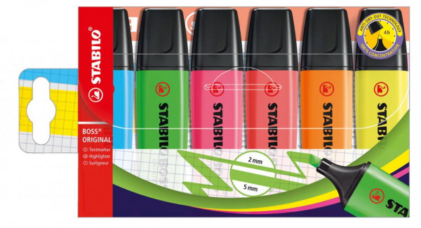 6 Textmarker STABILO BOSS® ORIGINAL farbsortiert