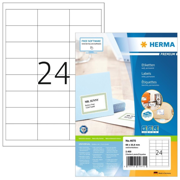 2400 HERMA PREMIUM Universal-Etiketten 4670 weiß 66 x 33,8 mm