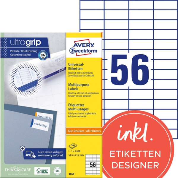 5600 AVERY® Zweckform Universal-Etiketten 3668 weiß 52,5 x 21,2 mm