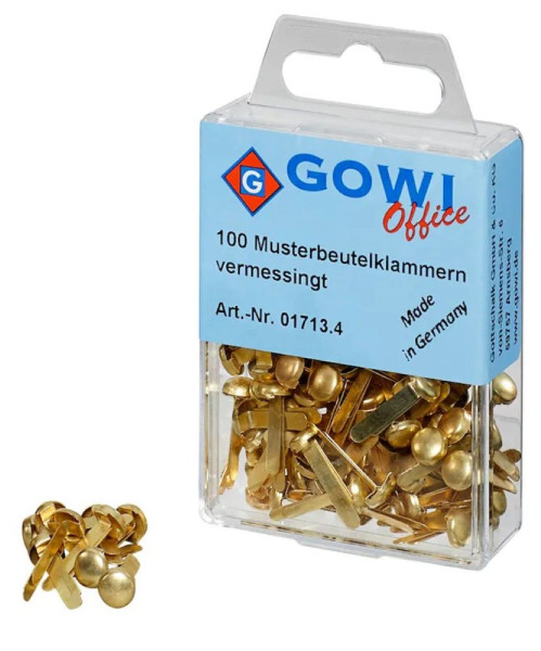 100 Gowi Musterbeutelklammern Rundkopf Eisen vermessingt