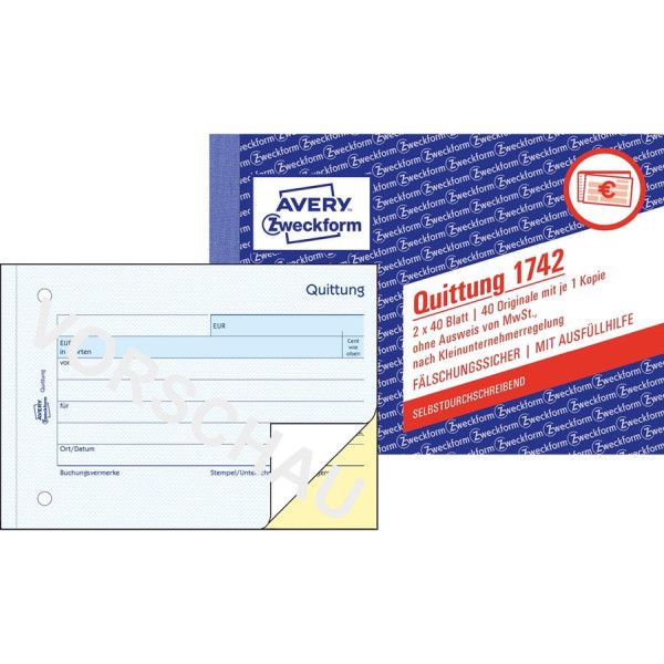 AVERY® Zweckform Quittung 1742 ohne MwSt.-Ausweis SD DIN A6 quer für Kleinunternehmer