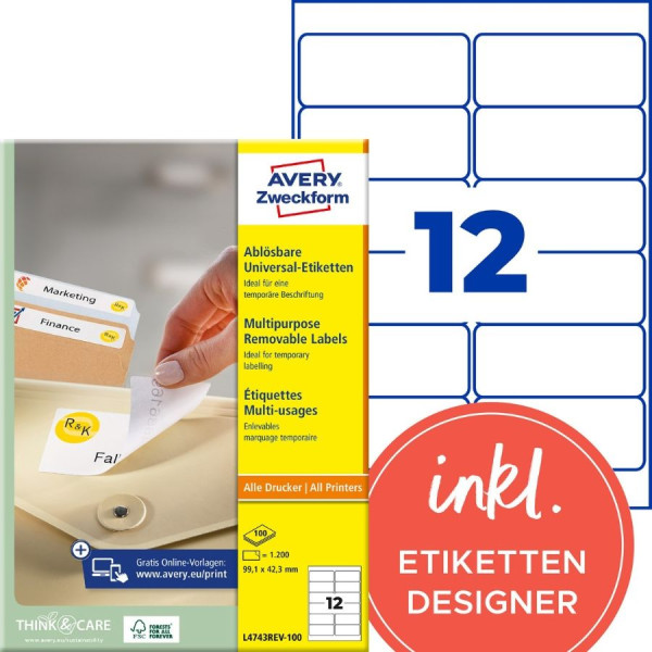 1200 AVERY® Zweckform Universal-Etiketten L4743REV-100 weiß 99,1 x 42,3 mm ablösbar