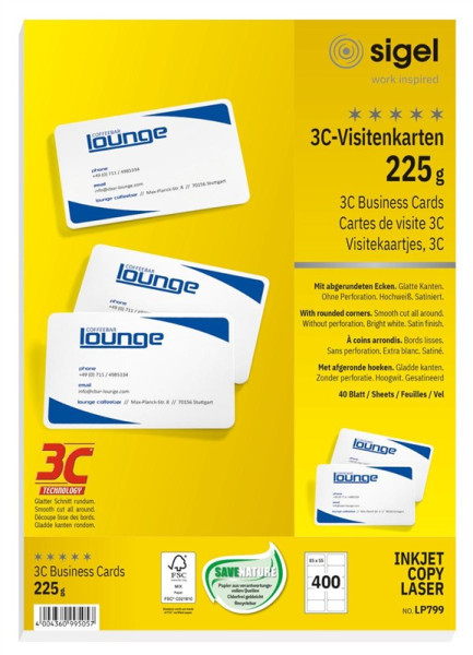 100 sigel Visitenkarten LP798 hochweiß 225 g/m² satiniert 85 x 55 mm abgerundete Ecken