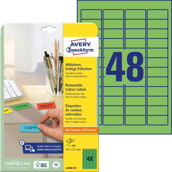 960 AVERY® Zweckform Universal-Etiketten L6040-20 grün 45,7 x 21,2 mm ablösbar