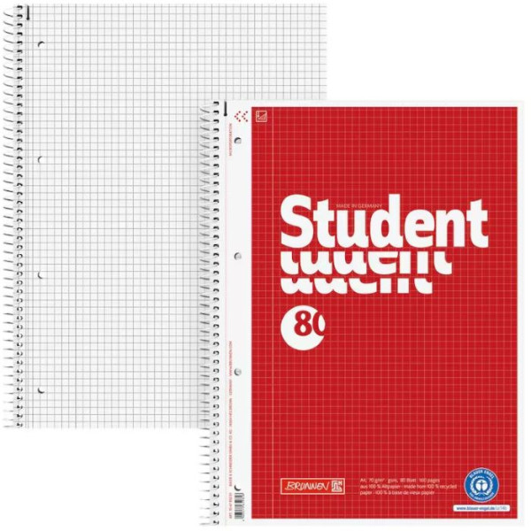 BRUNNEN Collegeblock Student Recycling 106783201 DIN A4 mit Innenrand kariert