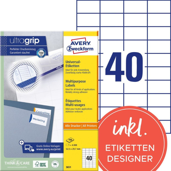 4000 AVERY® Zweckform Universal-Etiketten 3651 weiß 52,5 x 29,7 mm