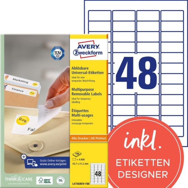 4800 AVERY® Zweckform Universal-Etiketten L4736REV-100 weiß 45,7 x 21,2 mm ablösbar
