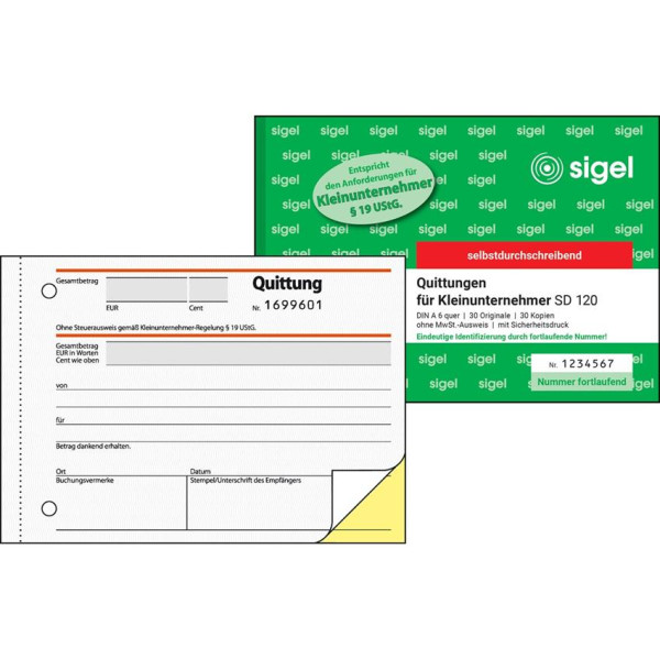 sigel Quittung SD120 ohne MwSt.-Ausweis SD DIN A6 quer für Kleinunternehmer