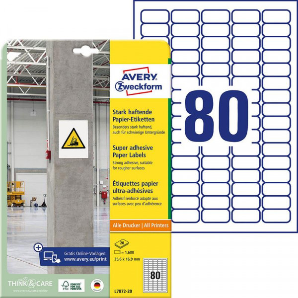 1600 AVERY® Zweckform Power-Etiketten L7872-20 weiß 35,6 x 16,9 mm