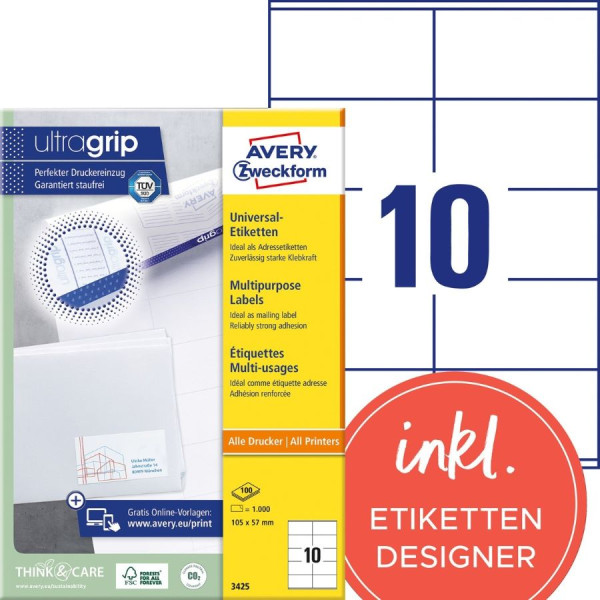 1000 AVERY® Zweckform Universal-Etiketten 3425 weiß 105 x 57 mm
