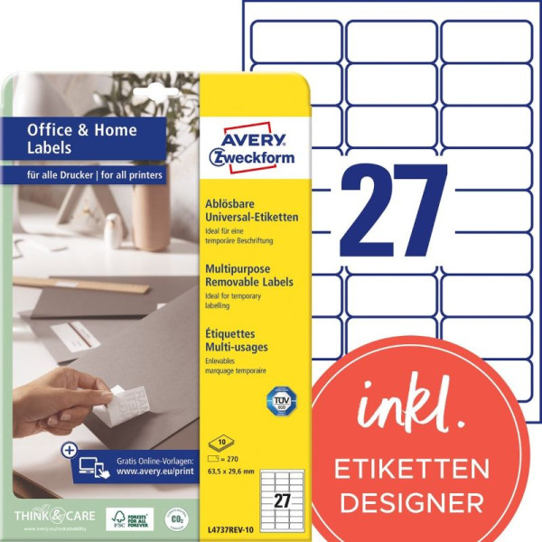 270 AVERY® Zweckform Universal-Etiketten L4737REV-10 weiß 63,5 x 29,6 mm