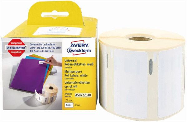 AVERY Zweckform Etikettenrolle AS0722540 mit 1000 Einzeletiketten 57 x 32 mm weiß