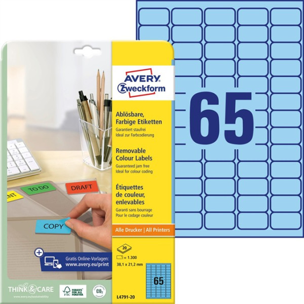 1300 AVERY® Zweckform Universal-Etiketten L4791-20 blau 38,1 x 21,2 mm