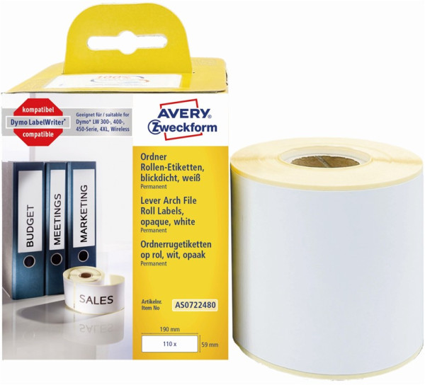AVERY Zweckform Etikettenrolle AS0722480 mit 110 Einzeletiketten 59 x 190 mm weiß