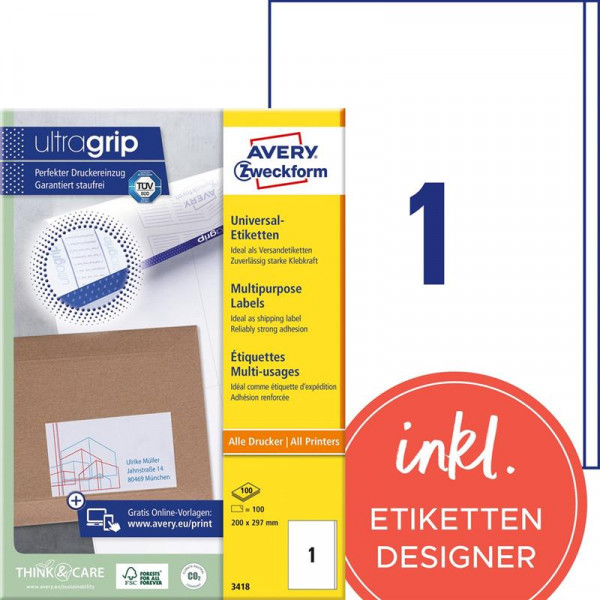 100 AVERY® Zweckform Universal-Etiketten 3418 weiß 200 x 297 mm