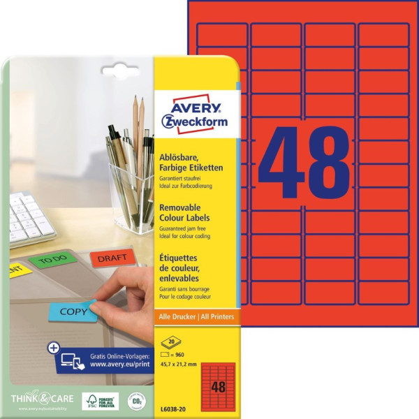 960 AVERY® Zweckform Universal-Etiketten L6038-20 rot 45,7 x 21,2 mm ablösbar