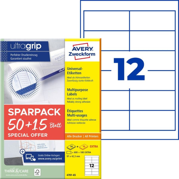 780 AVERY® Zweckform Universal-Etiketten 4781-65 weiß 97 x 42,3 mm