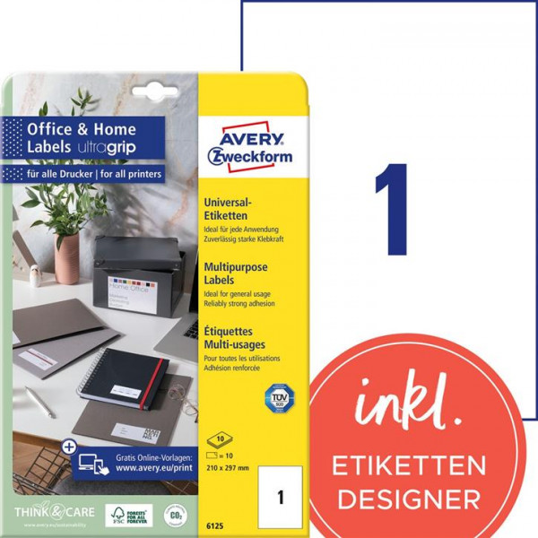 10 AVERY® Zweckform Universal-Etiketten 6125 weiß 210 x 297 mm