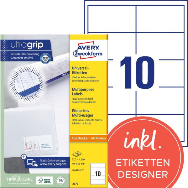 1000 AVERY® Zweckform Universal-Etiketten 3679 weiß 97 x 55 mm