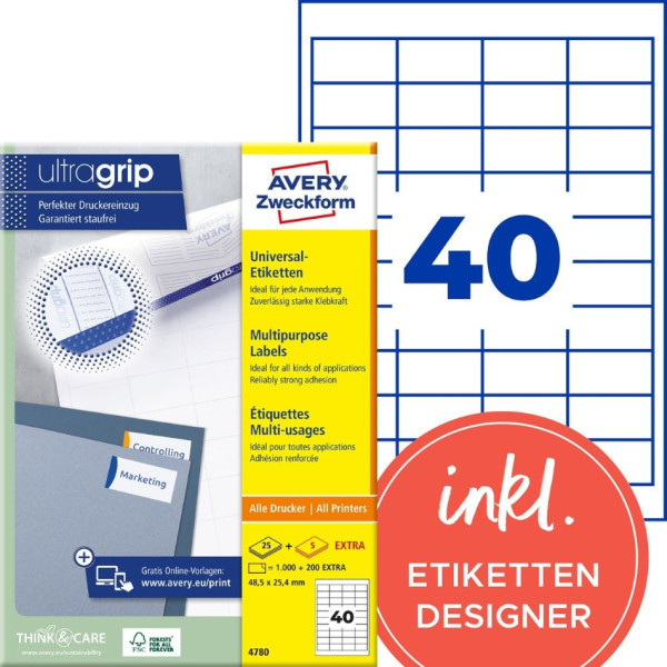 1200 AVERY® Zweckform Universal-Etiketten 4780 weiß 48,5 x 25,4 mm