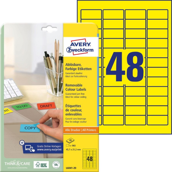 960 AVERY® Zweckform Universal-Etiketten L6041-20 gelb 45,7 x 21,2 mm ablösbar