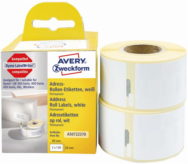 2x AVERY Zweckform Etikettenrollen AS0722370 mit je 130 Einzeletiketten 28 x 89 mm weiß