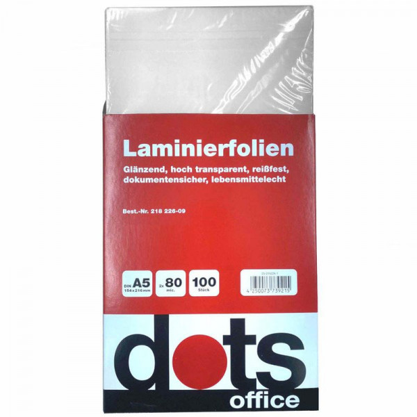 100 dots Laminierfolien für A5 glänzend 80 mic