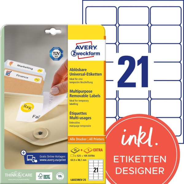 630 AVERY® Zweckform Universal-Etiketten L6023REV-25 weiß 63,5 x 38,1 mm ablösbar