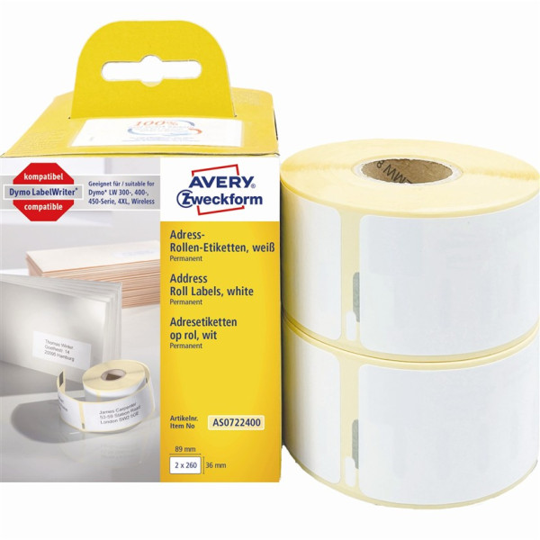 2x AVERY Zweckform Etikettenrollen AS0722400 mit je 260 Einzeletiketten 36 x 89 mm weiß