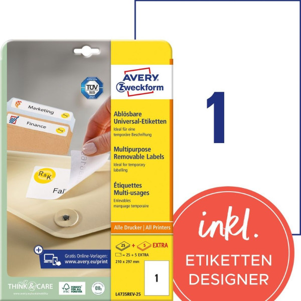 30 AVERY® Zweckform Universal-Etiketten L4735REV-25 weiß 210 x 297 mm ablösbar