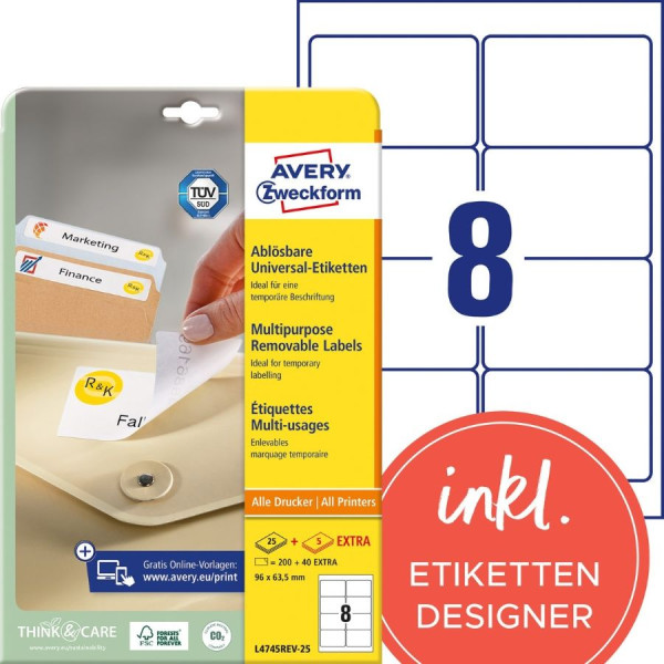 240 AVERY® Zweckform Universal-Etiketten L4745REV-25 weiß 96 x 63,5 mm ablösbar