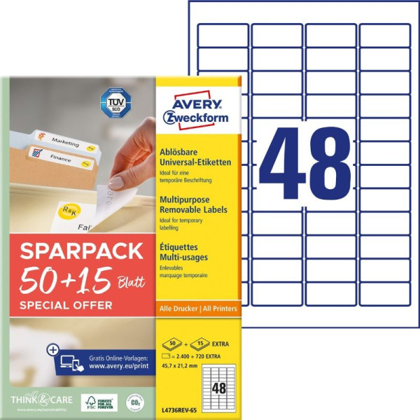 3120 AVERY® Zweckform Universal-Etiketten L4736REV-65 weiß 45,7 x 21,2 mm ablösbar