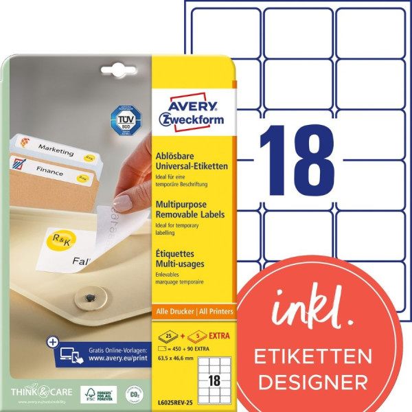 540 AVERY® Zweckform Universal-Etiketten L6025REV-25 weiß 63,5 x 46,6 mm ablösbar