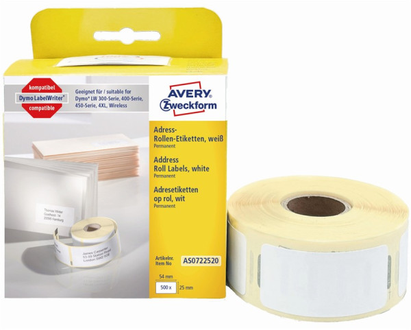 AVERY Zweckform Etikettenrolle AS0722520 mit 500 Einzeletiketten 25 x 54 mm weiß