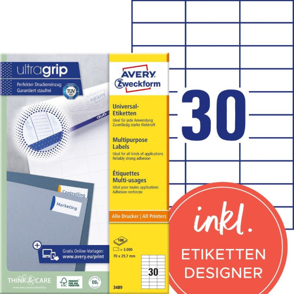 3000 AVERY® Zweckform Universal-Etiketten 3489 weiß 70 x 29,7 mm
