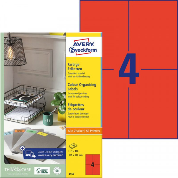 400 AVERY® Zweckform Universal-Etiketten 3456 rot 105 x 148 mm